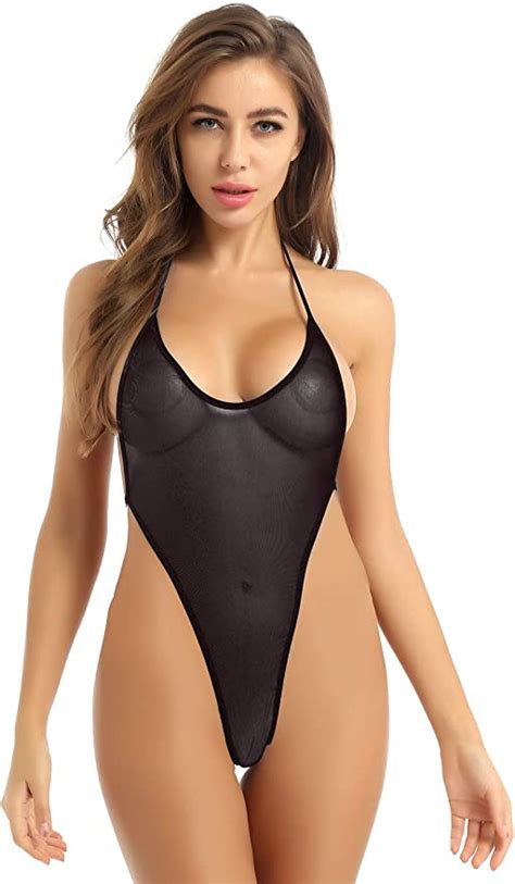 Amazon Com Ttao Women S See Through Mesh Bikini Swimsuit Halter Neck High Cut Thong Leotard