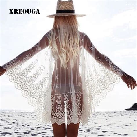 xreouga new women sexy beach cover up embroidery lace see through one size sarong tunic ruffles