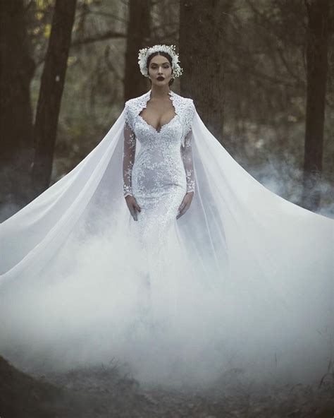 trouwjurk gorgeous white lace mermaid wedding dress with cape floor length 2017 elegant long