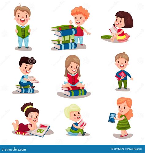 Cute Smart Kids Reading Books Set Of Illustrations Stock Illustration