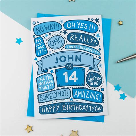 14th Omg Birthday Personalised Illustrated Card Blue By A Is For Alphabet