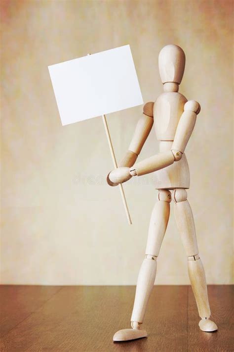 Wooden Human Model Holding Blank White Poster Stock Image Image Of