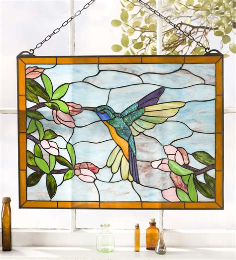 Stained Glass Hummingbird Art Panel With Metal Frame And Chain Stained Glass Home Decor