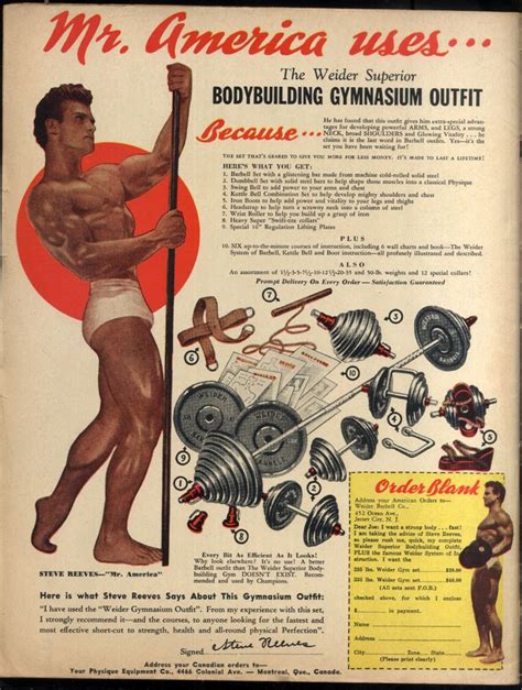 an old ad for bodybuilding gym equipment with a man holding a pole and dumbbells
