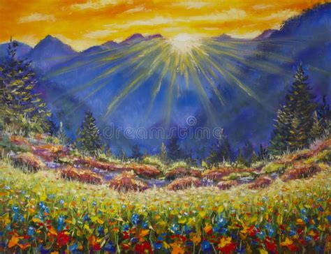 Sunrise Over A Flower Meadow In The Mountains Stock Image Image Of