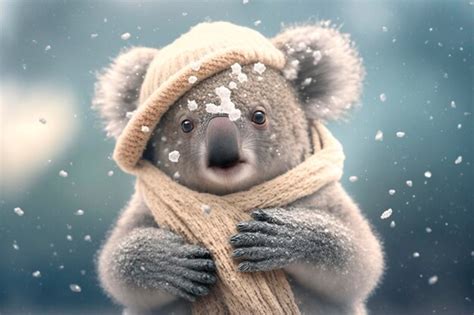 Premium Ai Image Koala In Winter Sits In The Snow With Snowflakes Ai