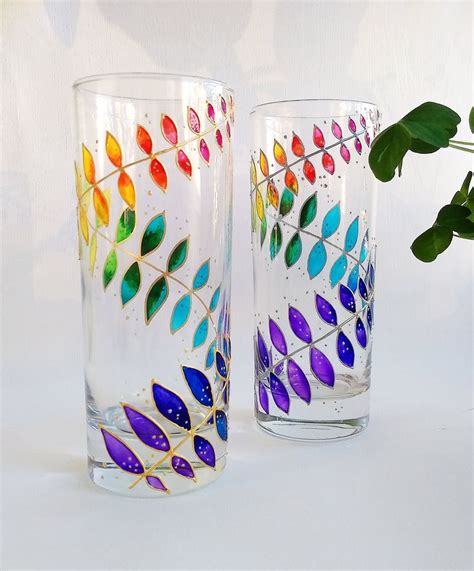 Rainbow Leaves Drinking Glasses Set Of 2 Hand Painted Couple Etsy Bottle Painting Hand
