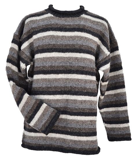 Pure wool - hand knit jumper - stripe - Natural | Black Yak