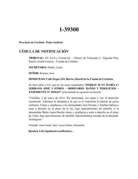 Cedula DE Notificacion 1 Provincia de Córdoba Poder Judicial CÉDULA