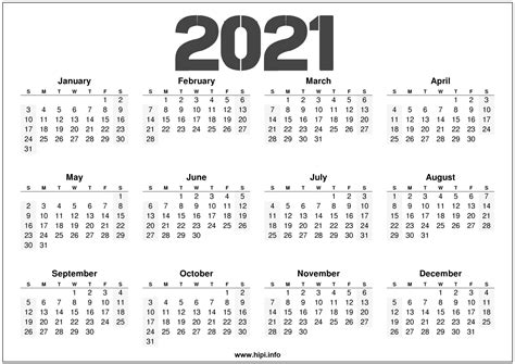 12 Month Calendar 2021 Printable