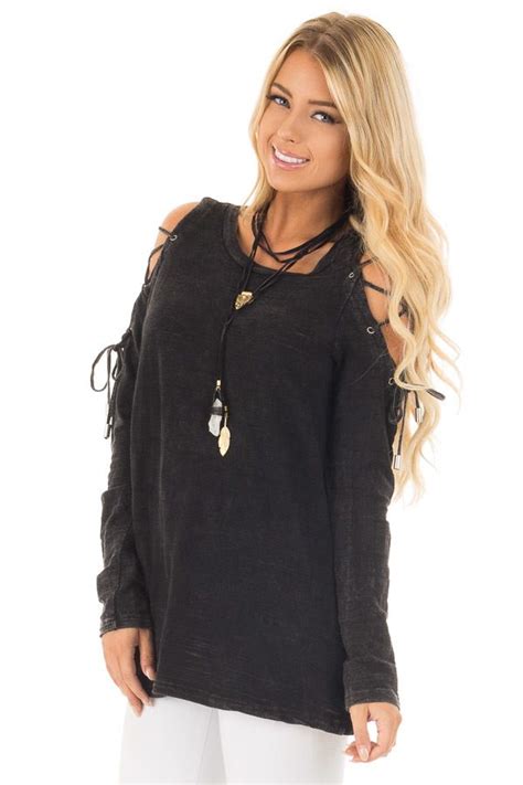 Lime Lush Boutique Black Mineral Wash Top With Lace Up Cold Shoulder