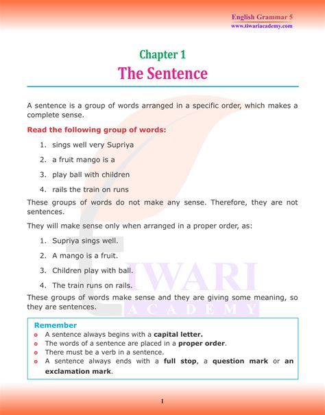 Class 5 English Grammar Chapter 1 The Sentence
