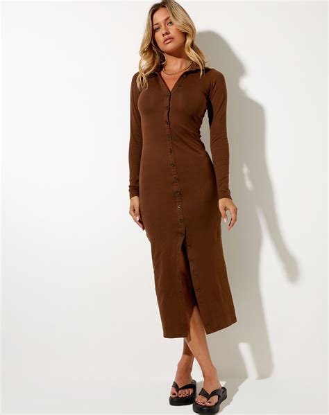 Button Up Long Sleeved Brown Maxi Dress Taryn
