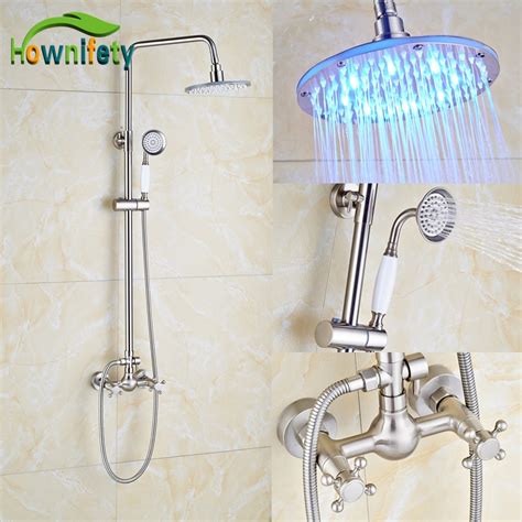 Solid Brass Double Handles Bathroom Shower Faucet LED Rainfall Shower