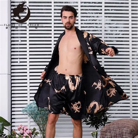 Two Piece Suit Male Silk Dressing Gown Extra Large Robe With Dragons Mens Satin Bathrobe Silk