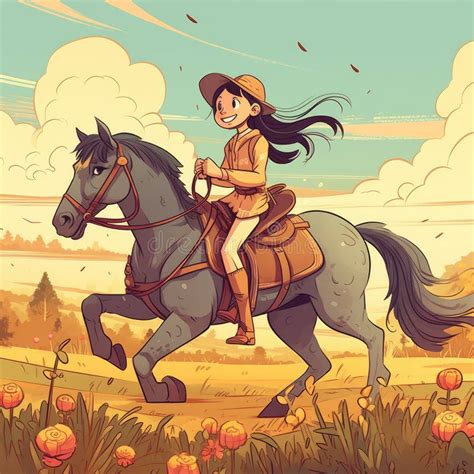 A Girl Riding On A Horse Cartoon Illustration With Generative Ai Stock