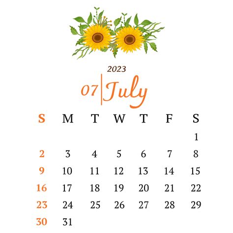 Calendar July 2023 Png Image Calendar July 2023 With Sunflowers