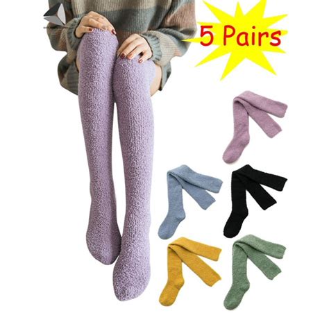 Sixtyshades 5 Pairs Womens Fuzzy Socks Winter Warm Fleece Lined Knee High Long Sock Cozy Fluffy