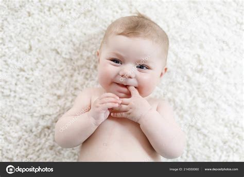 Adorable Naked Baby Girl On White Background Stock Photo By