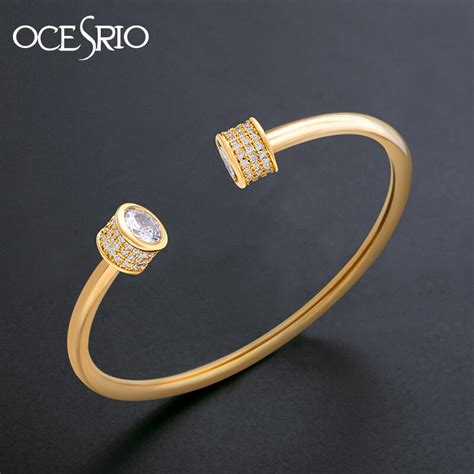 Ocesrio Crystal Ball Cuff Bracelets For Women Big Cubic Zirconia Stones Gold Bracelets And