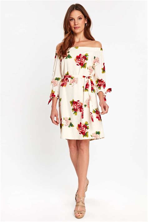 Cream Tie Sleeve Floral Bardot Dress View All Dresses Dresses