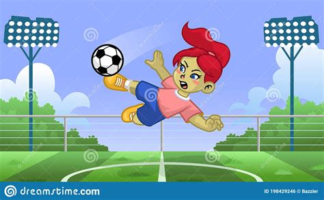 Cartoon Girl Soccer Player Kicking The Ball Stock Vector Illustration