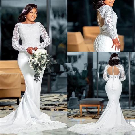 White Lace Plus Size Arabic Aso Ebi Beaded Mermaid Wedding Gowns 2022 Long Sleeves Covered