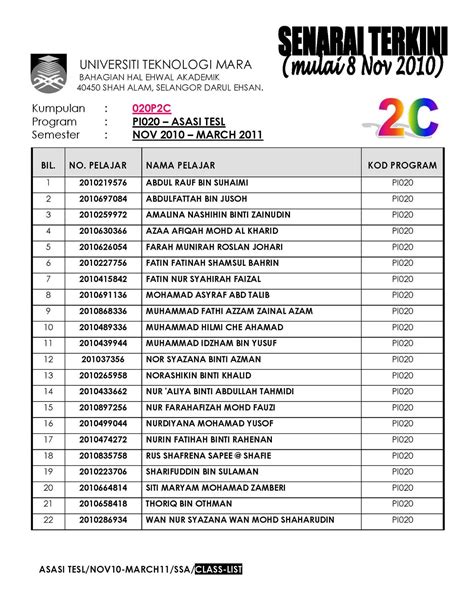 Alot of you have been asking me about asasi tesl in uitm dengkil and here it is! ASASI TESL UiTM: CLASS LIST FOR SEMESTER 2: NOV 2010 ...