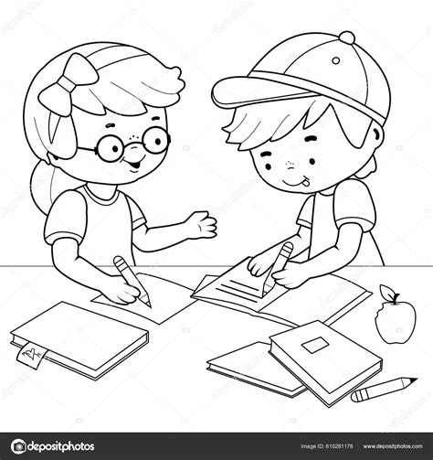 Children Doing Homework Desk Vector Black White Coloring Page Stock