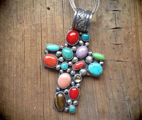 Large Native American Cross Pendent Sterling Silver Turquoise Multi