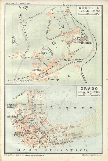 Carta Geografica Antica Aquileia Grado Piante Di Città Tci 1920 Old