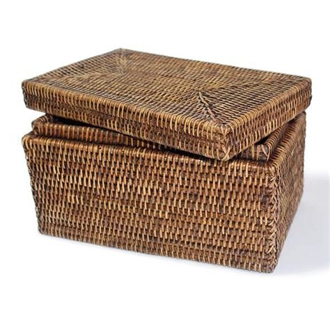 Rattan Rectangular Lidded Storage Basket Hand Woven Rattan Dimensions In X X H By