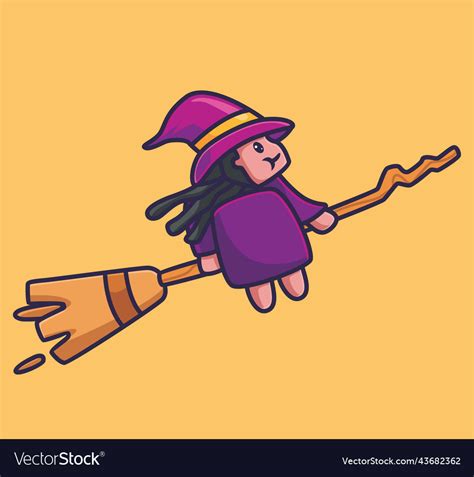 Cute Witch Flying Broom Isolated Cartoon Vector Image