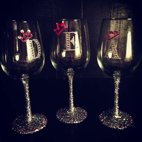 Decorated Wine Glasses With Glitter And Rhinestones We Just Painted Elmer S Glue On The Base