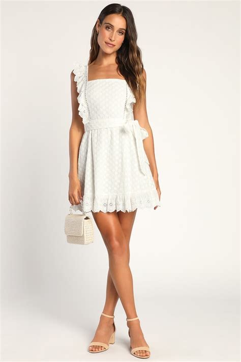 White Eyelet Lace Dress A Line Mini Dress Ruffled Mini Dress Lulus