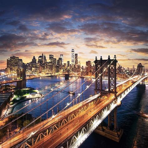 Sunset Over Brooklyn And Manhattan Bridges Poster Print By Ilja Masik