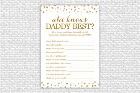 Perfect to print out and use next time you host a baby download these five free games in varying colors to add some fun to your next baby shower. Who Knows Daddy Best Baby Shower Printable Baby Shower Game