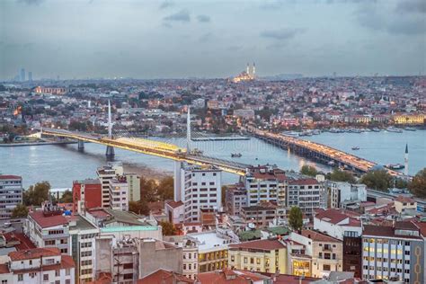 Night Aerial View Of Istanbul Cityscape And Bridges Over The City River