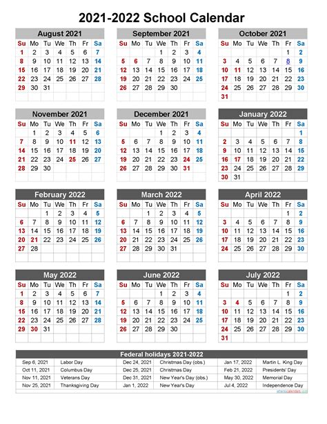 Printable 2021 2022 School Calendar Templates