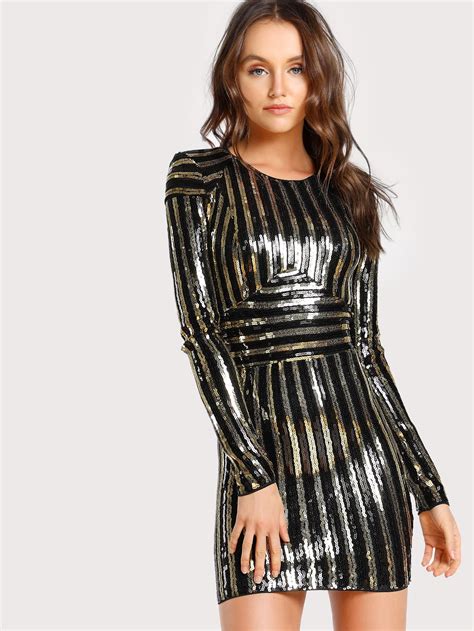 Sequin Long Sleeve Bodycon Dress Black Gold Sheinsheinside