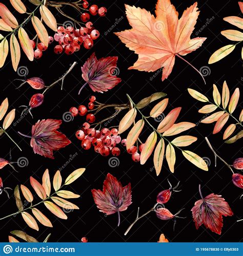 Watercolor Hand Painted Seamless Pattern With Autumn Leaves Rowan