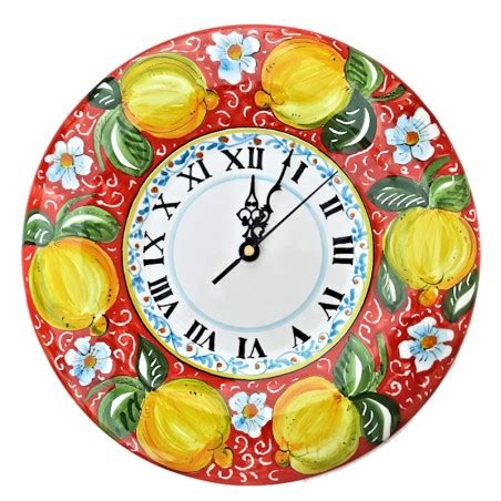 Italian ceramic wall clock decorated lemons hand painted made. Wall clock in Deruta majolica hand painted Positano Red ...