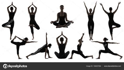 Yoga Poses Silhouettes Woman Body Balance Asana Position People Exercise Stock Photo