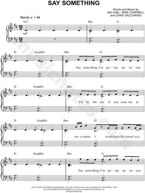 Engaging easy piano songs that you can practice with. Print and download sheet music for Say Something by A Great Big World. Sheet music arranged for ...