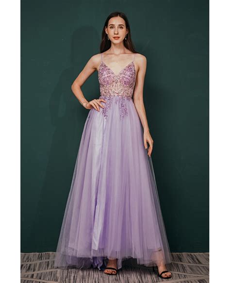 Sexy V Neck Long Slit Lavender Prom Dress With See Through Lace Beading Cc351053