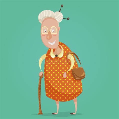 Old Woman Cartoon Character Happy Grandmother With Stick And Handbag