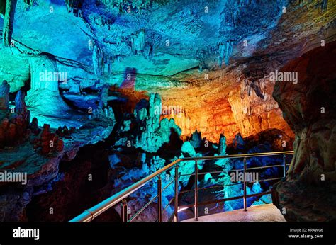 Underground Cave Sataplia With Colorful Illumination In Kutaisi