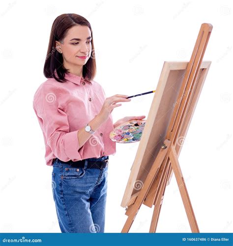 Portrait Of Young Woman Artist With Easel Palette And Paint Brush