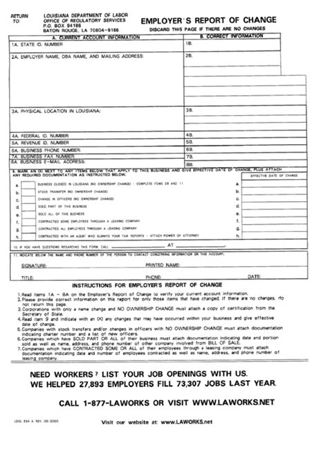 Employers Report Of Change Form Louisiana Department Of Labour
