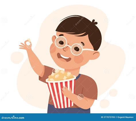 Cute Little Boy Eating Popcorn Cartoon Vector Illustration Stock Vector
